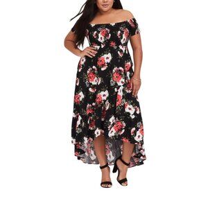 TORRID Maxi Challis Off-Shoulder Dress BLACK FLORAL PINK size 00 M/L 10 Hi-Low